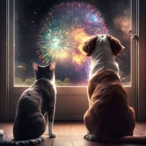 Pes A Kočka Se Spokojeně Dívají Na Ohňostroj