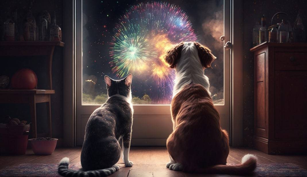 Pes a kočka se spokojeně dívají na ohňostroj